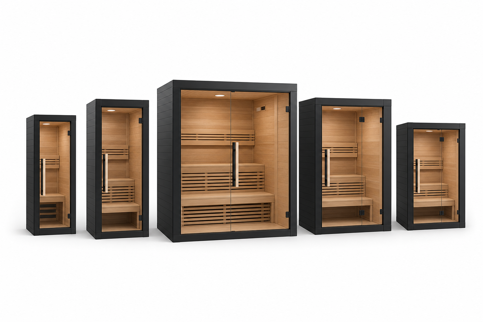 A visual lineup of sauna models in different sizes