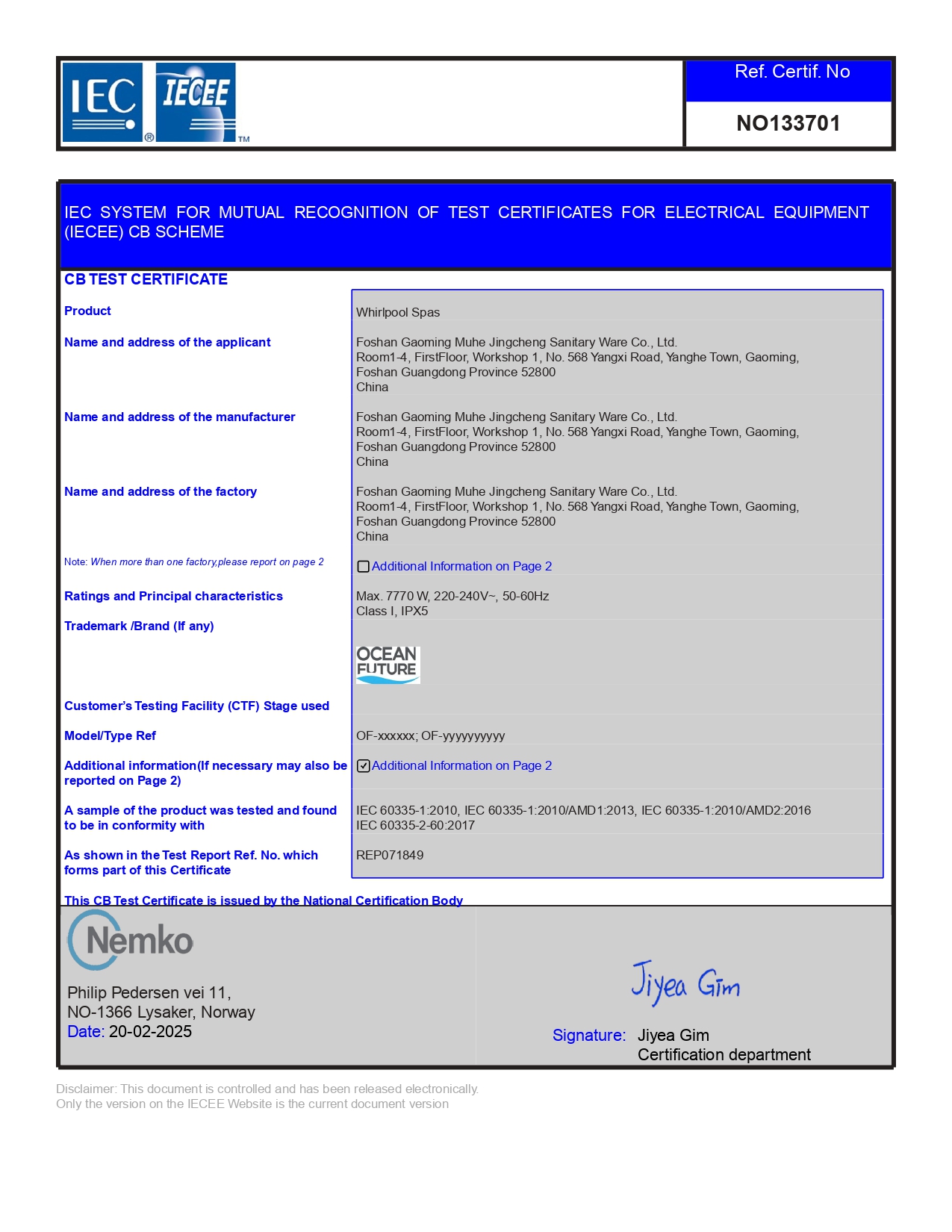 CB CB Test Certificate — Page 1