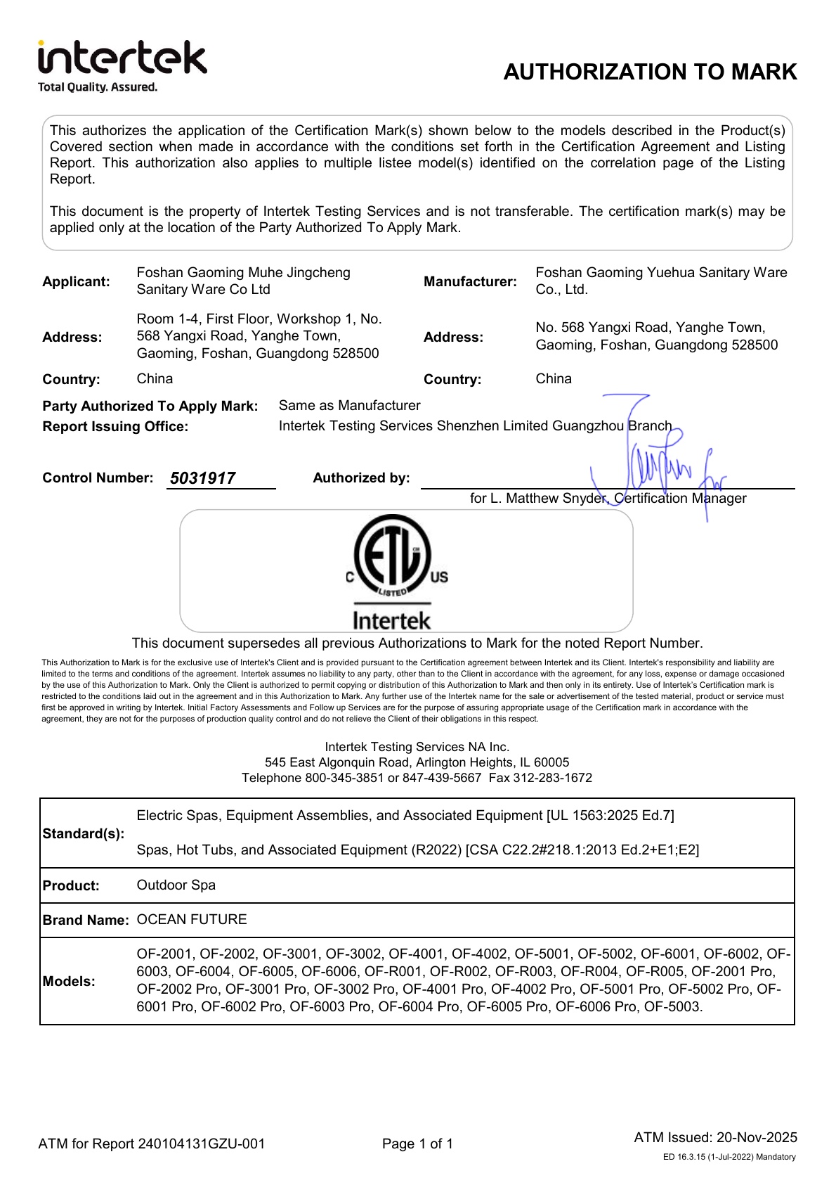 ETL Authorization to Mark — Page 1