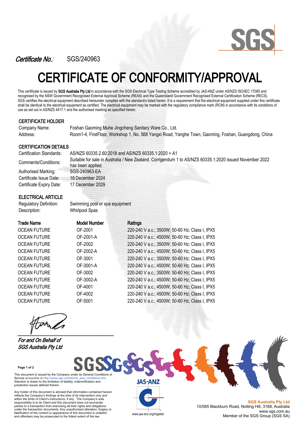 SAA Certificate of Conformity — Page 1